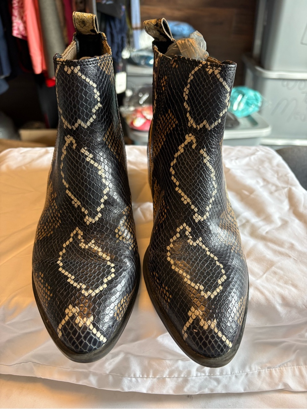 Crown Vintage Black Snake-Print Ankle Boots with Cream Accents